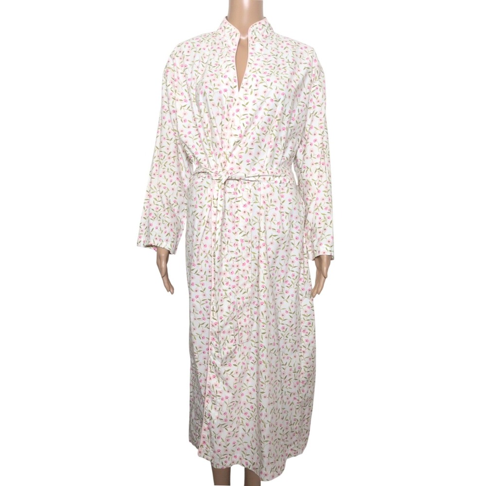Crabtree & Evelyn Pink Floral Cotton Bamboo Wrap Robe Size M White Long Sleeve